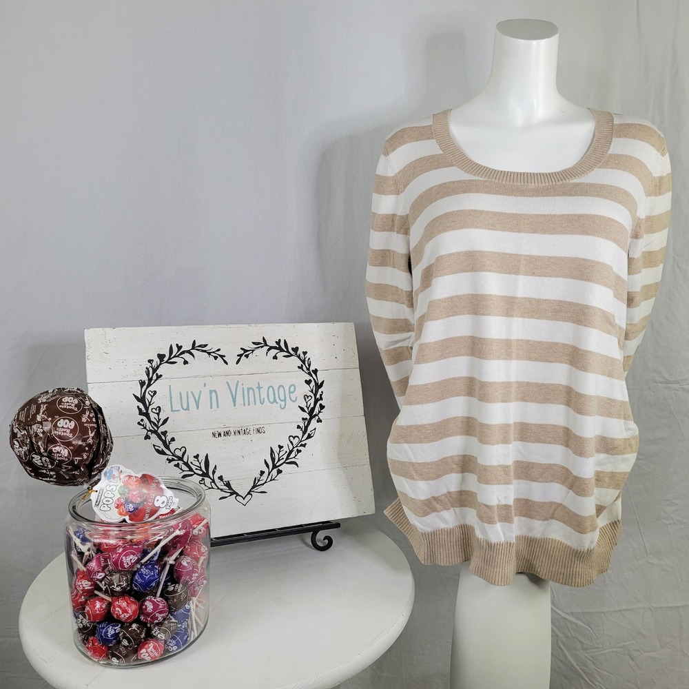 Old Navy Maternity Sweater XL Tan White Striped Cotton Ruched Side Scoop Neck